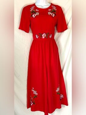 ASOS Red, Pink Floral Embroidered Cut Out Wide Leg Jumpsuit, Size 4